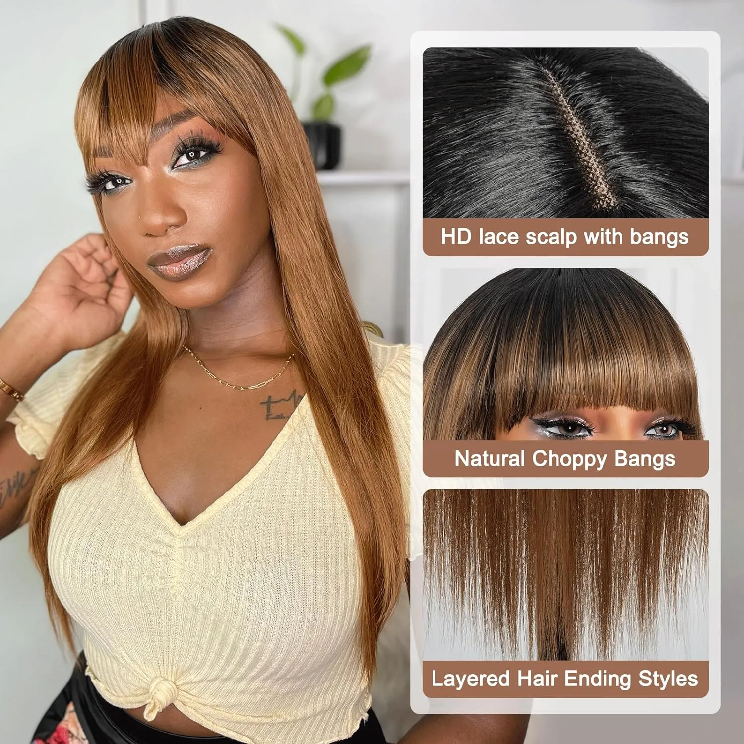 ToyoTress Ombre Blonde Synthetic Lace Front Wig With Bangs - 26 Inch Tangle-free Synthetic Lace Wigs Pre-Plucked Long Straight Glueless HD Lace Wigs For Women (26 Inch, OM27-Bangs)