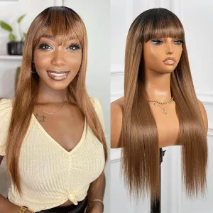 ToyoTress Ombre Blonde Synthetic Lace Front Wig With Bangs - 26 Inch Tangle-free Synthetic Lace Wigs Pre-Plucked Long Straight Glueless HD Lace Wigs For Women (26 Inch, OM27-Bangs)