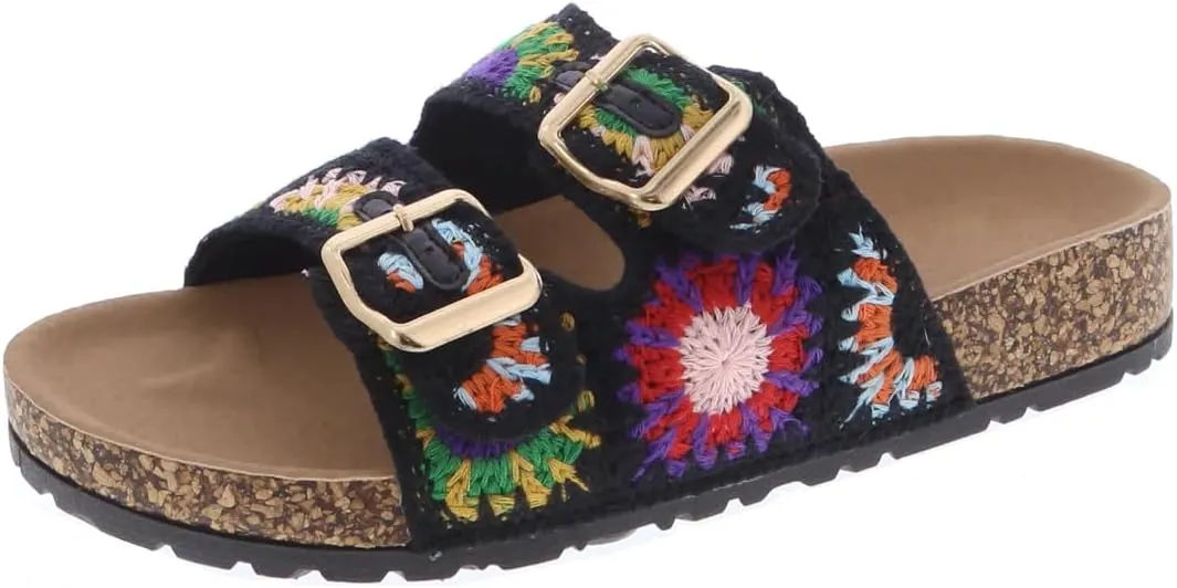 TruFox Women's Crochet Double Strap Flat Sandals Comfortable with Cork Molded Footbed