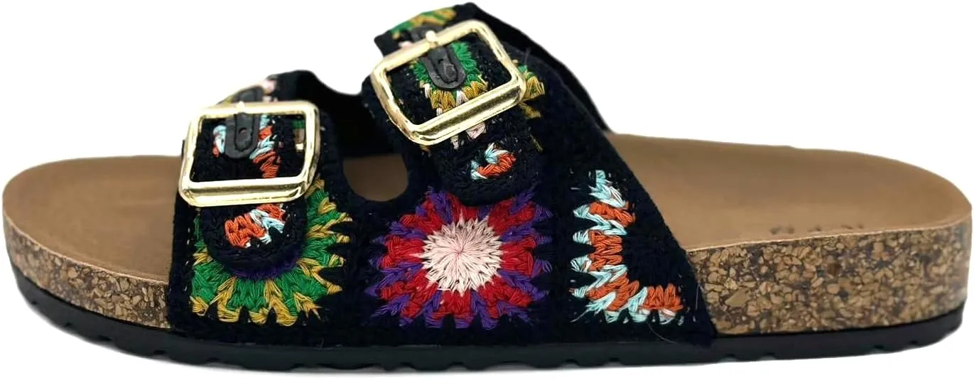 TruFox Women's Crochet Double Strap Flat Sandals Comfortable with Cork Molded Footbed