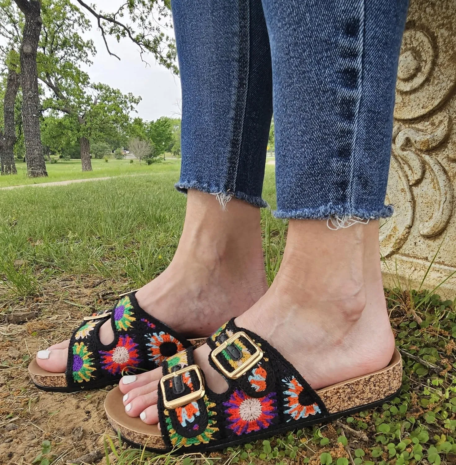 TruFox Women's Crochet Double Strap Flat Sandals Comfortable with Cork Molded Footbed