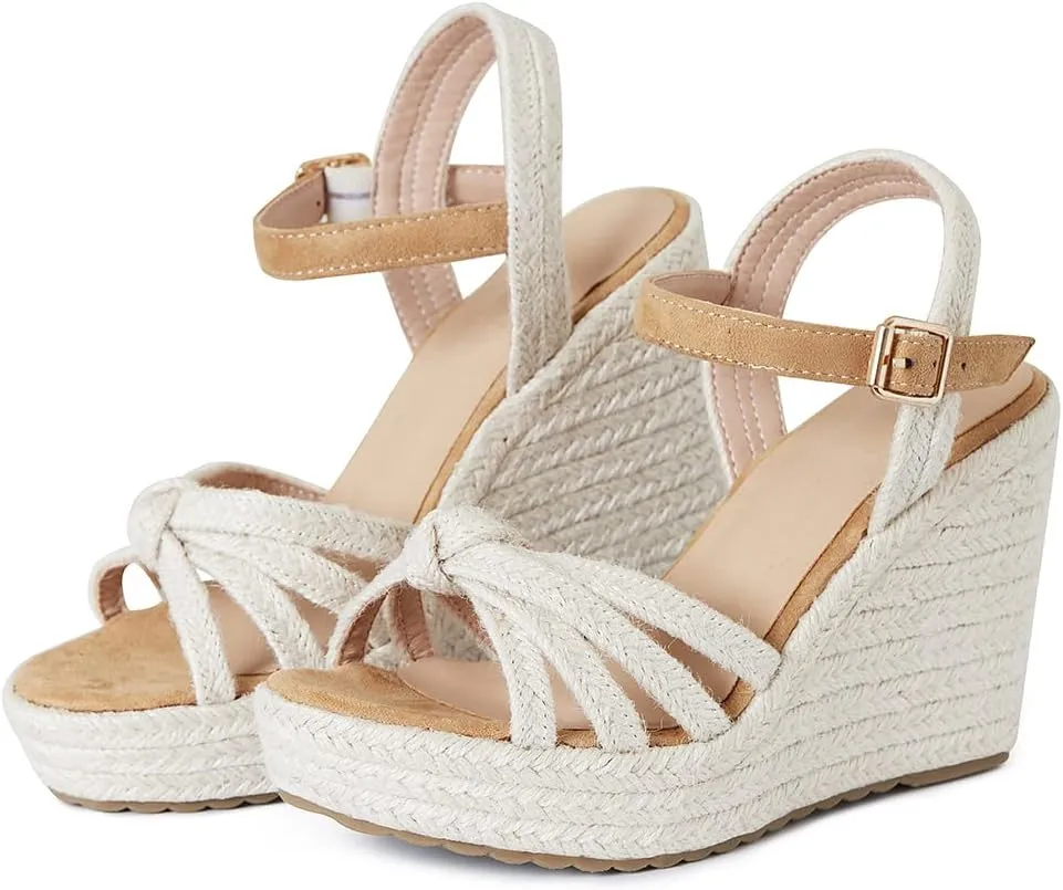 Tscoyuki Espadrille Wedge Sandals for Women, Adjustable Ankle Strappy Cute Shoes Open Toe Platform Womens Sandals Casual Sloping High Heels