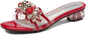 Tscoyuki Women's Transparent Chunky Heel Sandals, Slip On Pearl/Rhinestones Mule Open Toe Pumps Dress Sandals