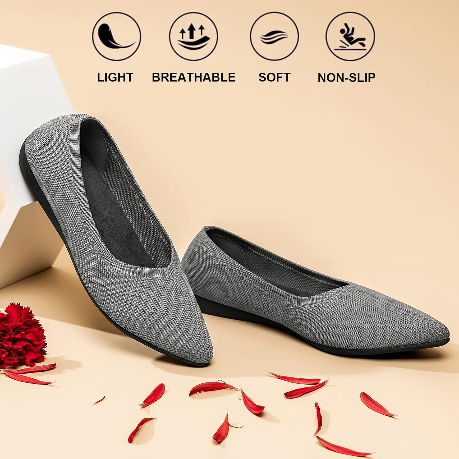 TUOKING Women's Flats Shoes Knit Pointed-Toe Ballet Dress Shoes Comfortable Soft Casual Loafers Slip on Walking Office Shoes