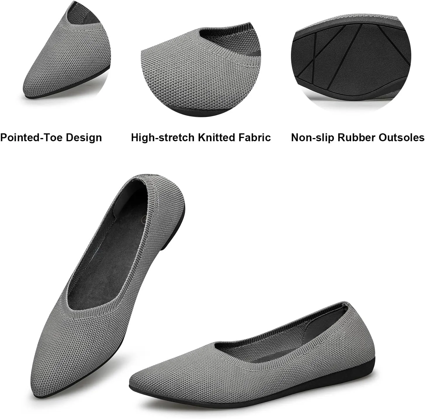 TUOKING Women's Flats Shoes Knit Pointed-Toe Ballet Dress Shoes Comfortable Soft Casual Loafers Slip on Walking Office Shoes