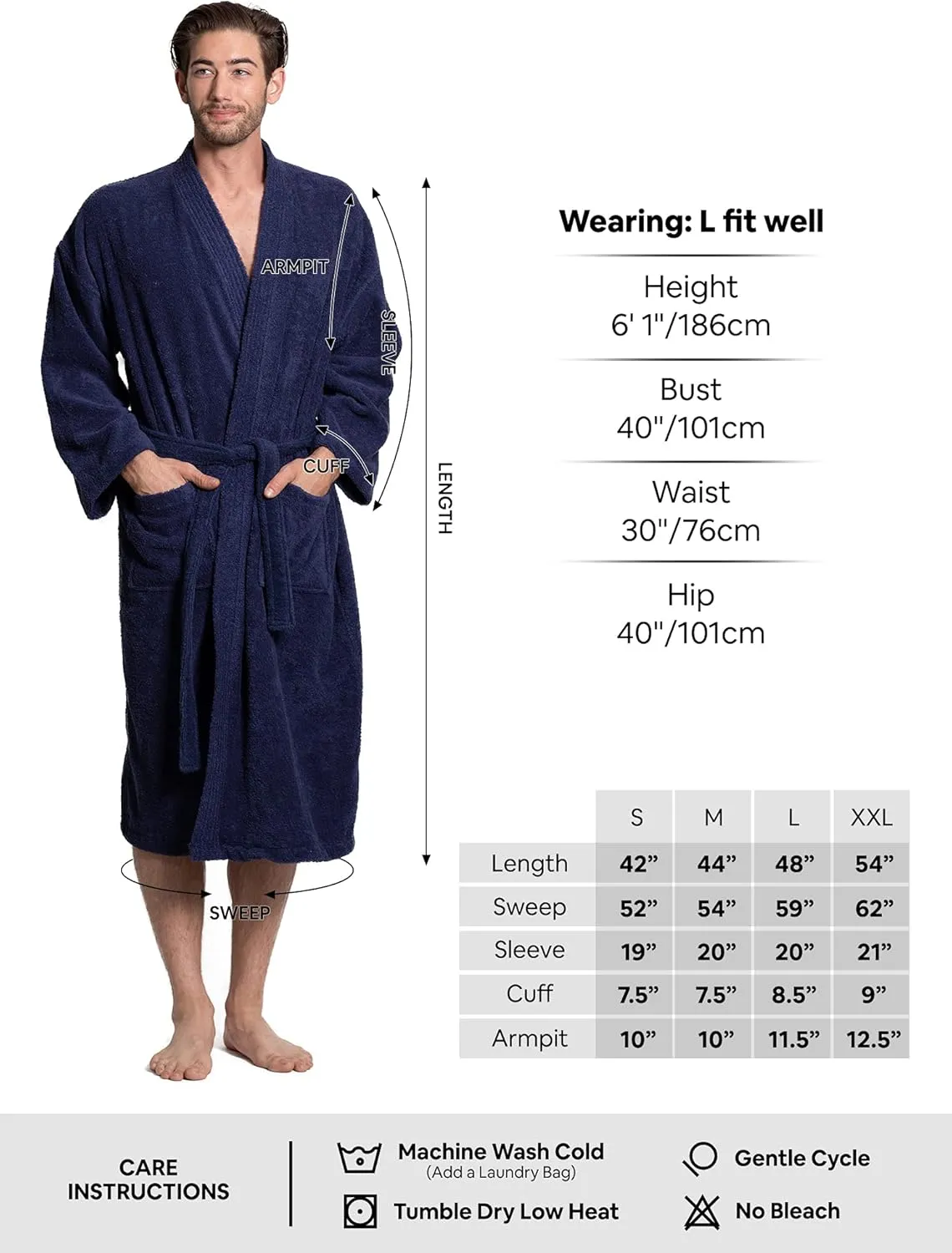 Turkuoise Men's 100% Cotton Turkish Terry Cloth Kimono Collar Soft and Absorbent Bathrobes