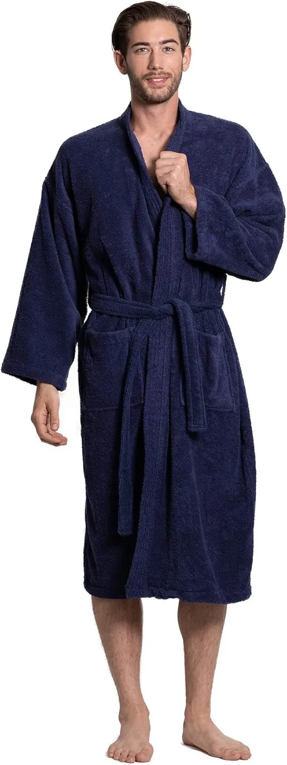 Turkuoise Men's 100% Cotton Turkish Terry Cloth Kimono Collar Soft and Absorbent Bathrobes