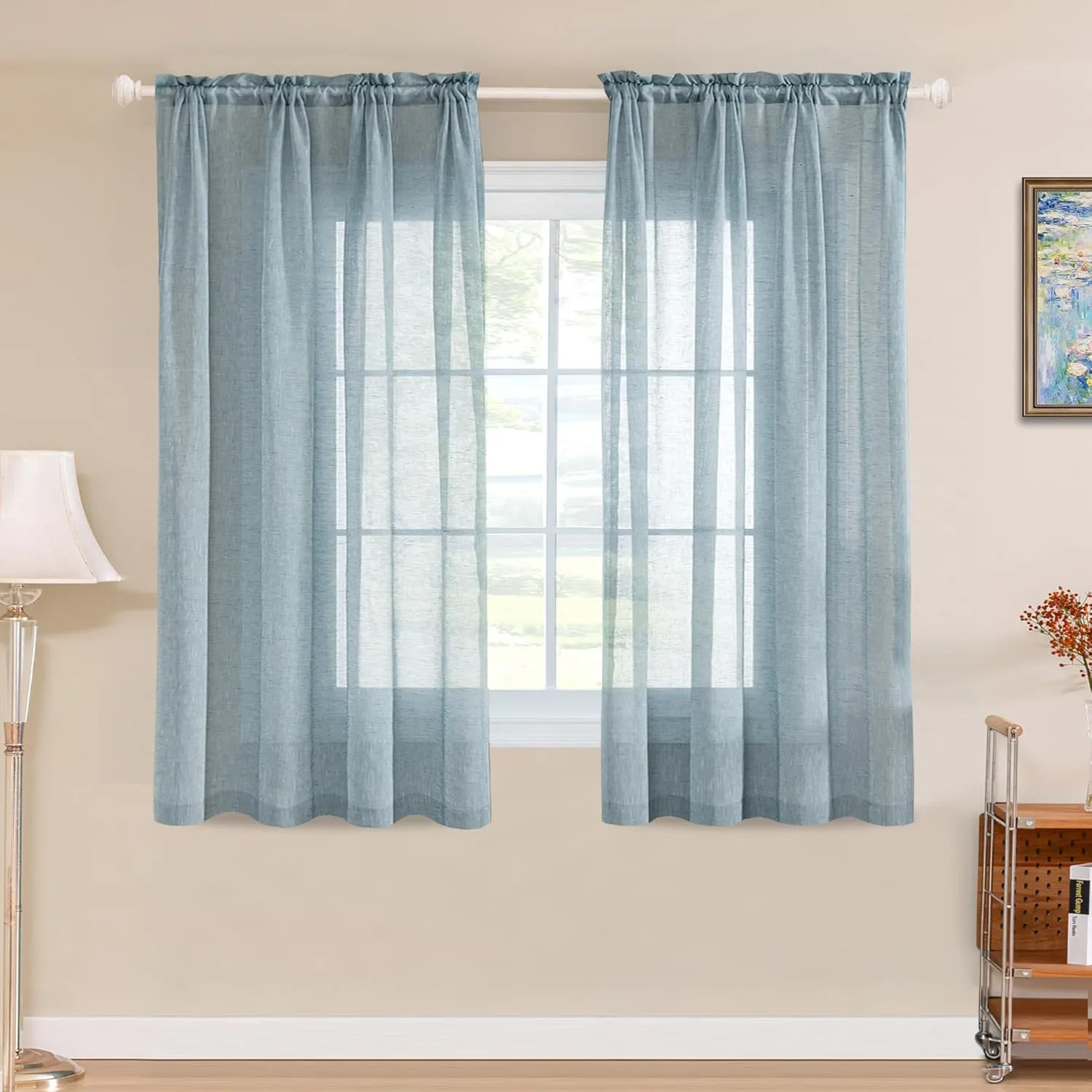Turquoize Linen Sheer Curtains for Bedroom 63 Inch Length Natural Linen Blended Curtains Rod Pocket Light Filtering Burlap Curtain Linen Window Treatments Panels/Drapes, Privacy Assured, Teal