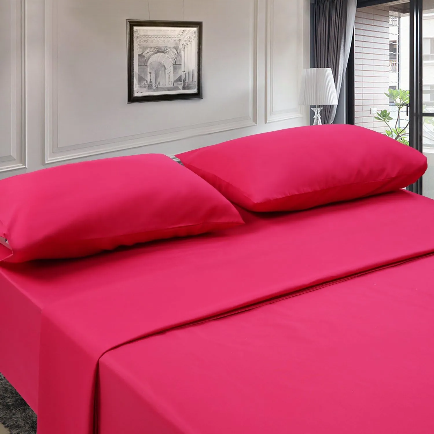 Twin XL Sheets Set 4 Piece Cooling Bed Sheets- Hotel Luxury 1800 Bedding Sheets & Pillowcases - 1 Flat Sheet,1 Fitted Sheet and 2 Pillow Cases - Extra Soft, Deep Pocket up to 16" (Hot Pink)