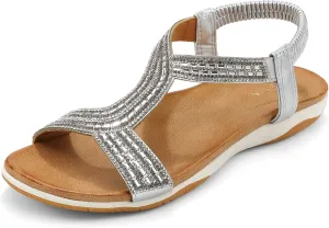 UBFEN Flat Sandals For Women Dressy Walking Comfortable Sandal With Rhinestone Braid Elastic Strap Summer Vacation