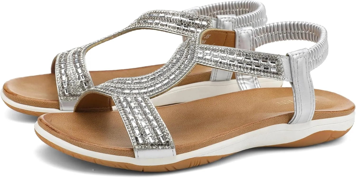 UBFEN Flat Sandals For Women Dressy Walking Comfortable Sandal With Rhinestone Braid Elastic Strap Summer Vacation