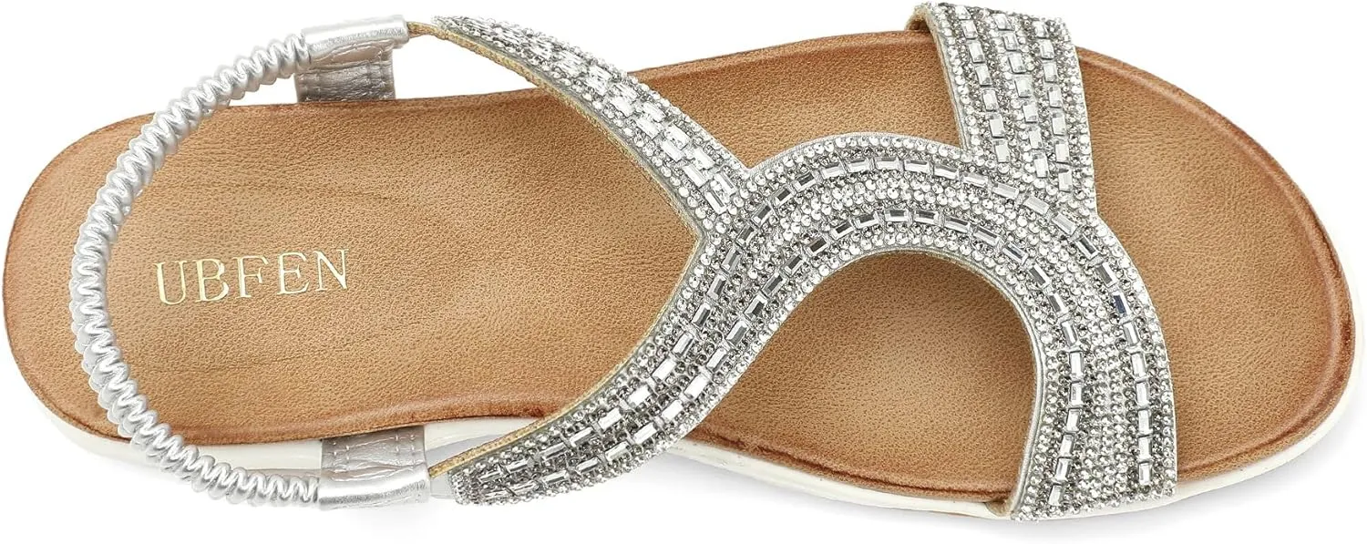 UBFEN Flat Sandals For Women Dressy Walking Comfortable Sandal With Rhinestone Braid Elastic Strap Summer Vacation