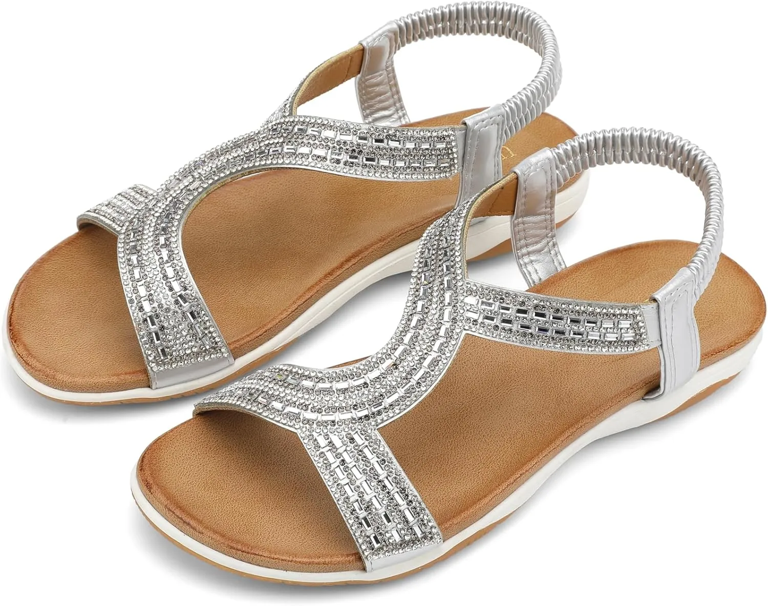 UBFEN Flat Sandals For Women Dressy Walking Comfortable Sandal With Rhinestone Braid Elastic Strap Summer Vacation