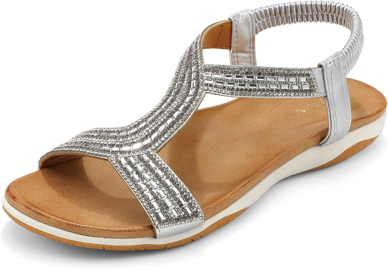 UBFEN Flat Sandals For Women Dressy Walking Comfortable Sandal With Rhinestone Braid Elastic Strap Summer Vacation