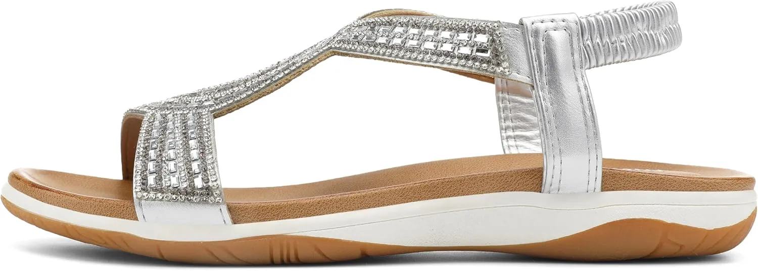 UBFEN Flat Sandals For Women Dressy Walking Comfortable Sandal With Rhinestone Braid Elastic Strap Summer Vacation