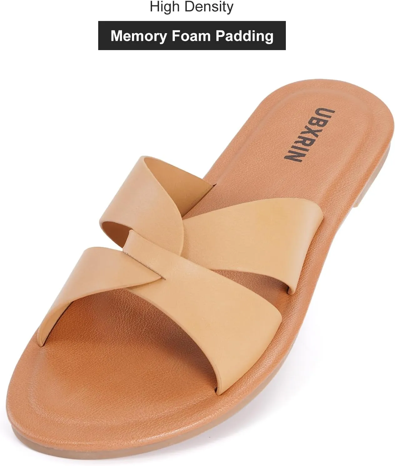 UBXRIN Womens Minimalist Memory Foam Comfortable Slide Sandals Summer Casual Soft Leather Flat Slippers