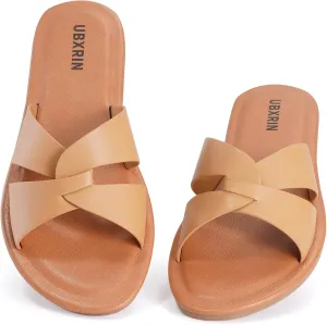 UBXRIN Womens Minimalist Memory Foam Comfortable Slide Sandals Summer Casual Soft Leather Flat Slippers