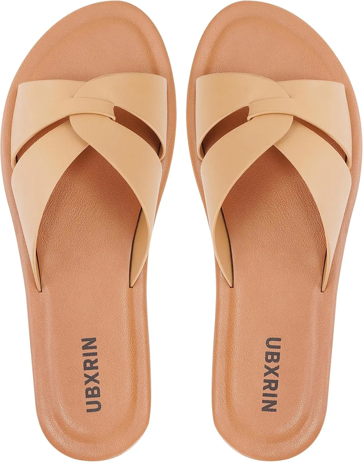 UBXRIN Womens Minimalist Memory Foam Comfortable Slide Sandals Summer Casual Soft Leather Flat Slippers