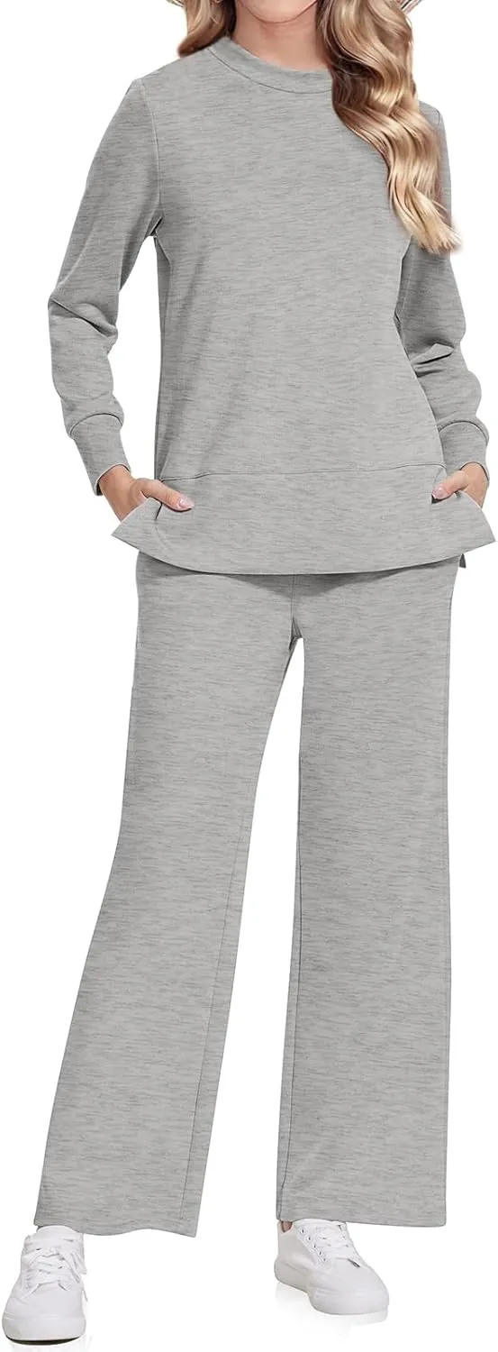 UEU Women's 2 Piece Outfits Lounge Sets Fall Long Sleeve Sweatsuits Wide Leg Pants Travel Casual Matching Tracksuit Clothes