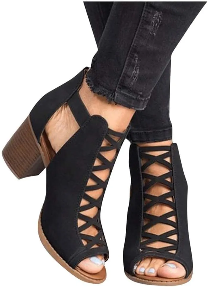 UOQAPRE Chunky Heeled Sandals for Womens Bohemian Cutout Open Toe Summer Block Womens Heeled Party Dress Sandals
