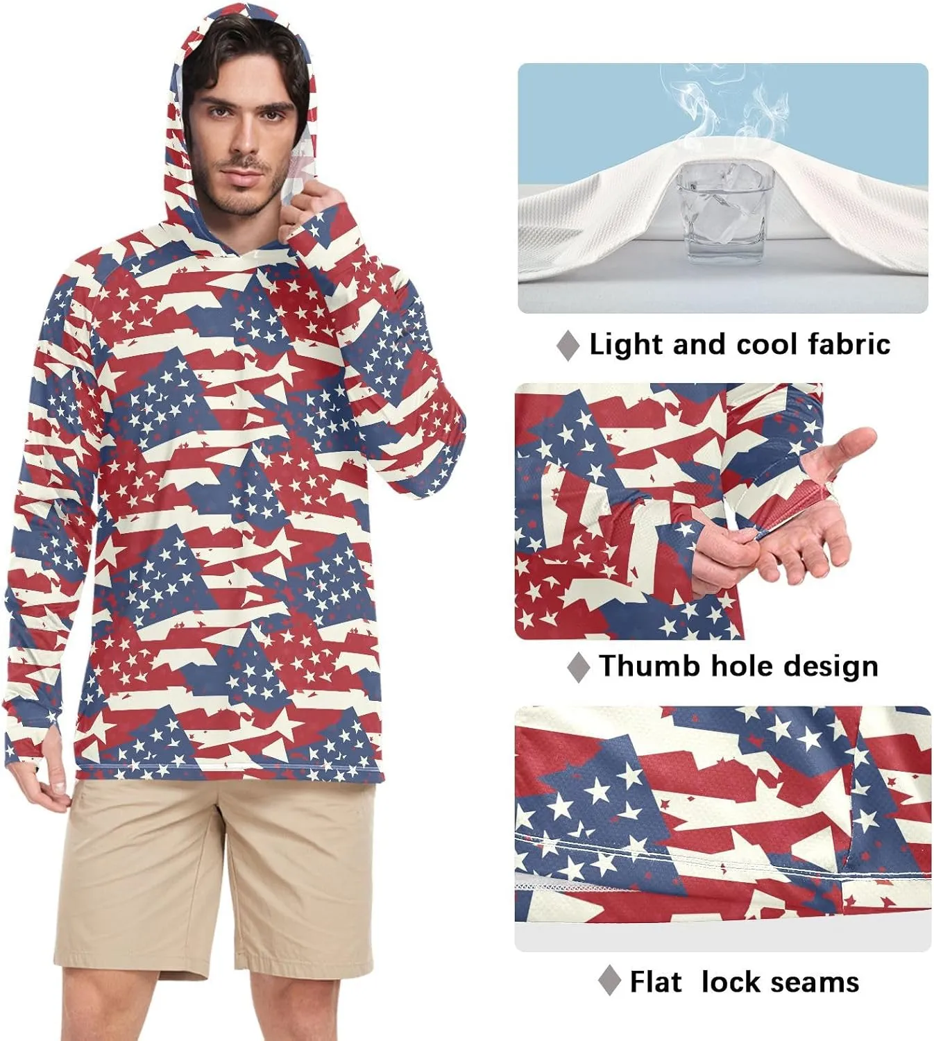 USA Flags Style Men's Sun Protection Hoodie Long Sleeve UPF 50   Mens Sun Shirt Fishing Shirtss for Men Mens Rash Guard