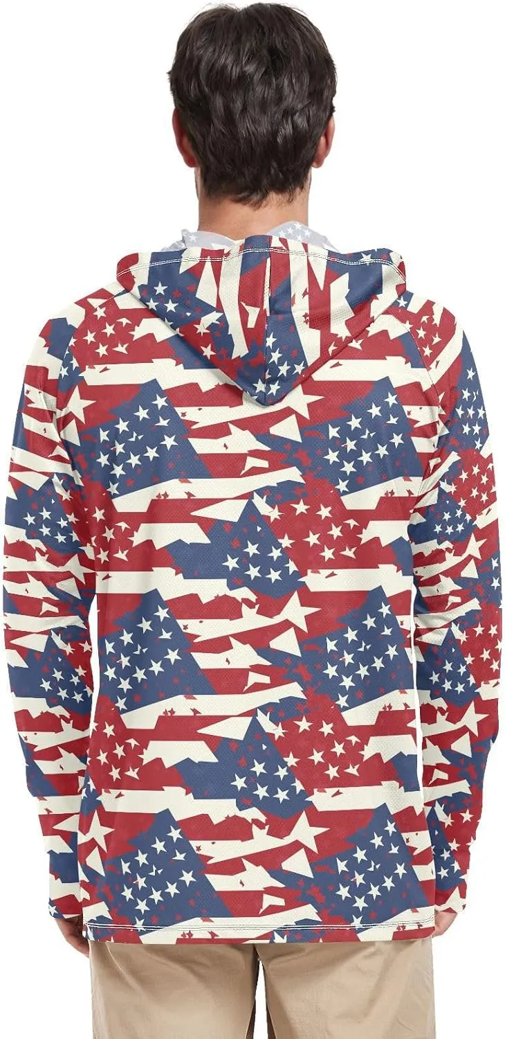 USA Flags Style Men's Sun Protection Hoodie Long Sleeve UPF 50   Mens Sun Shirt Fishing Shirtss for Men Mens Rash Guard