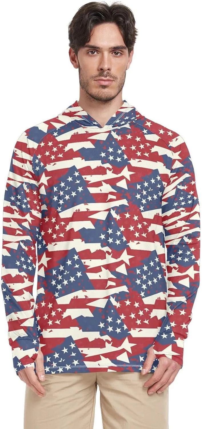 USA Flags Style Men's Sun Protection Hoodie Long Sleeve UPF 50   Mens Sun Shirt Fishing Shirtss for Men Mens Rash Guard