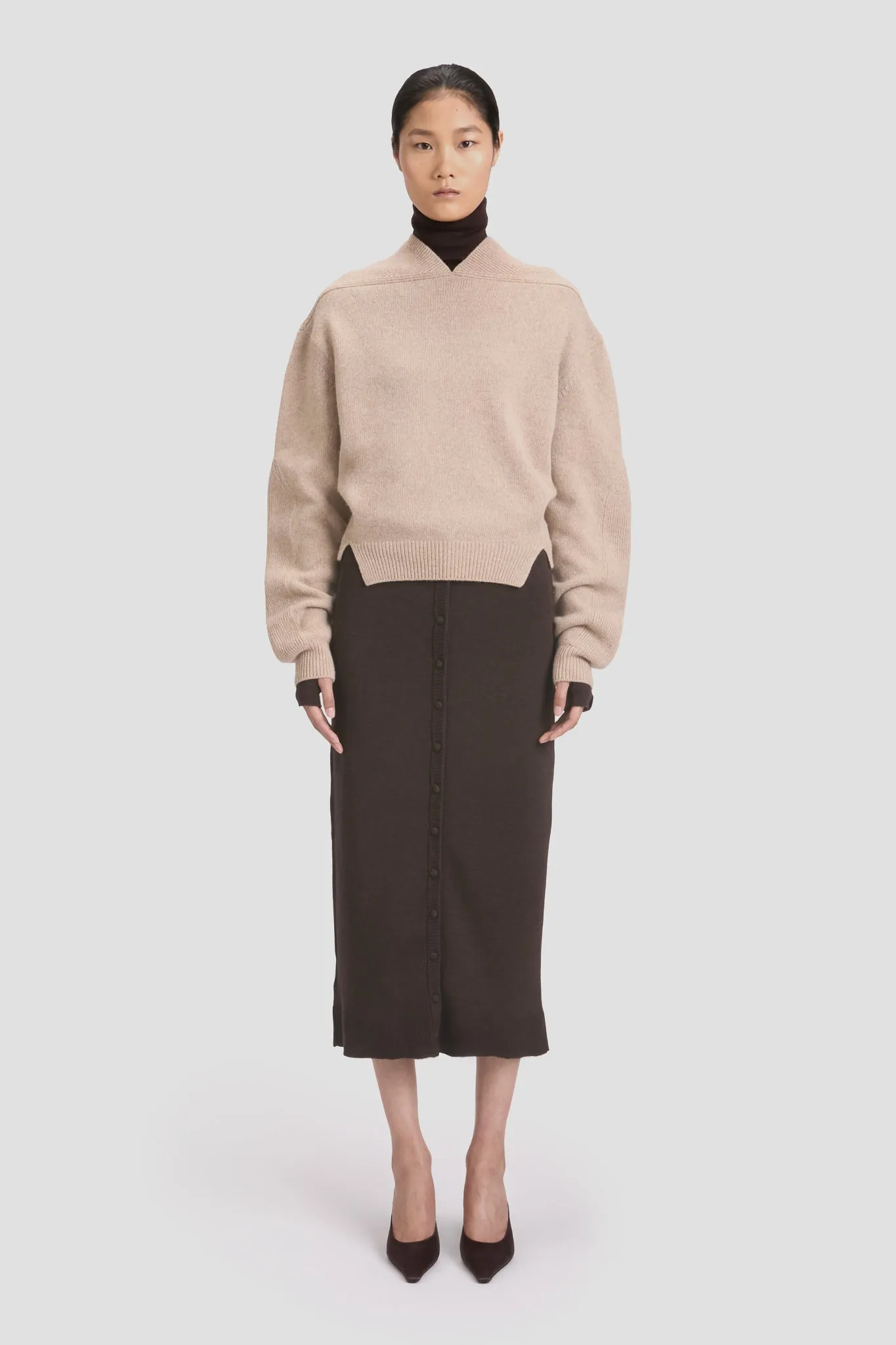V-Neck Yoke Detail Jumper In Sand