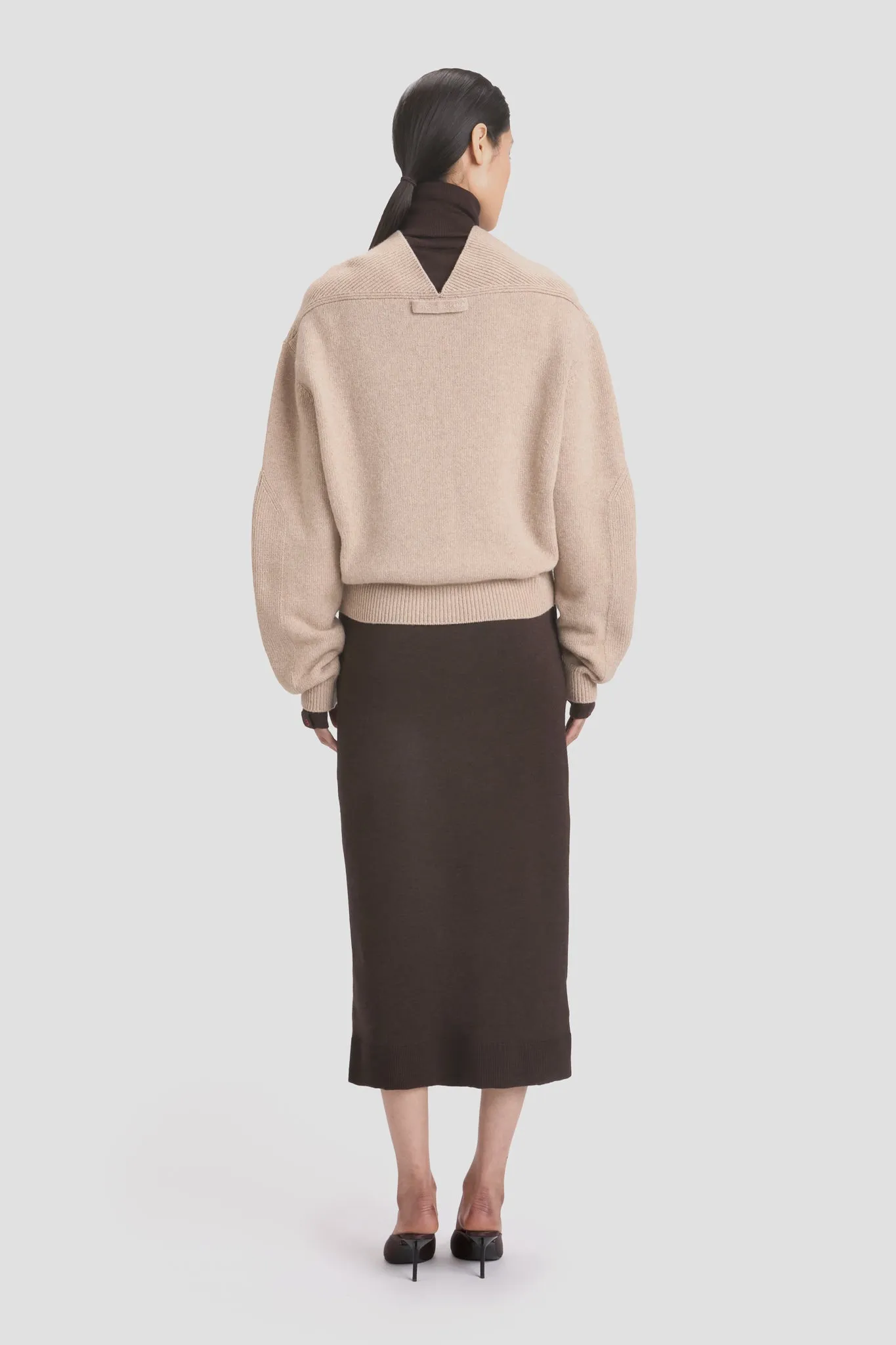 V-Neck Yoke Detail Jumper In Sand