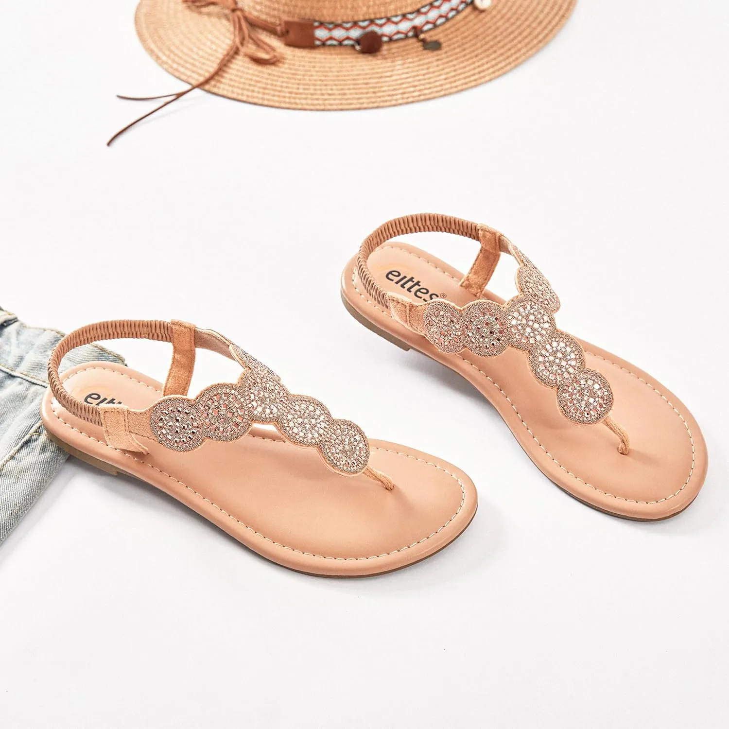 Veittes Women's Flat Slide Sandals - Fashionable Elastic Ankle Strap Comfortable Flat Summer Sandals.