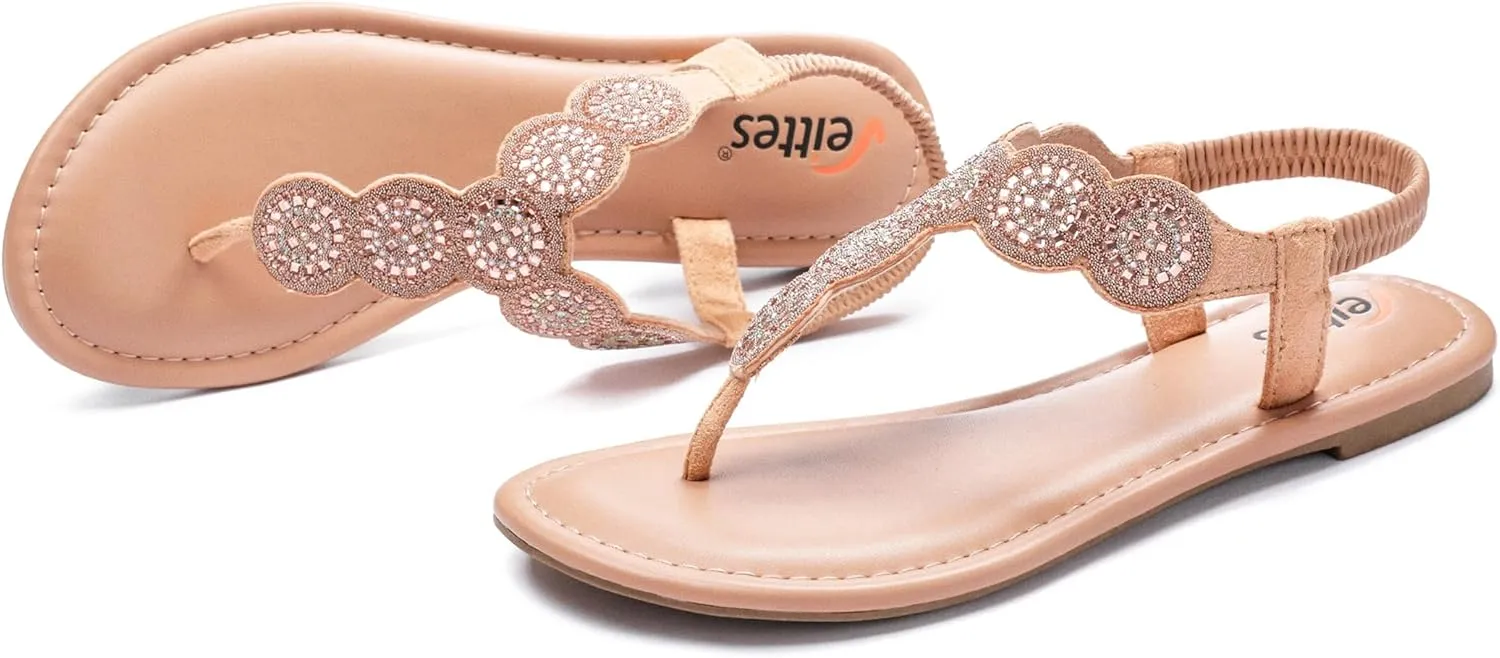 Veittes Women's Flat Slide Sandals - Fashionable Elastic Ankle Strap Comfortable Flat Summer Sandals.