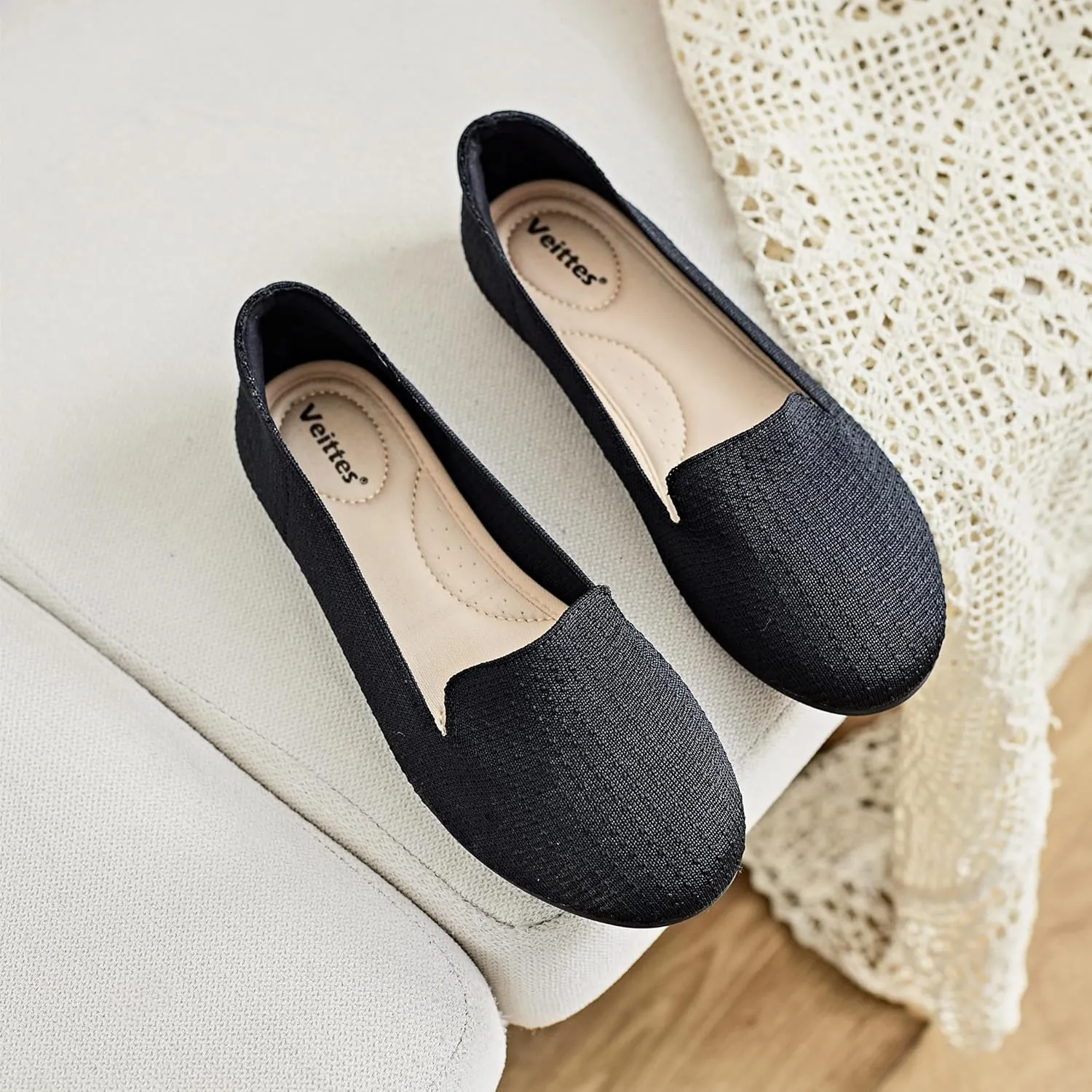 Veittes Women's Wide Width Flats Shoes,Dressy Comfortable Shoes,Soft Ladies Elegant Slip on Round Toe Knitted Ballet Shoes.