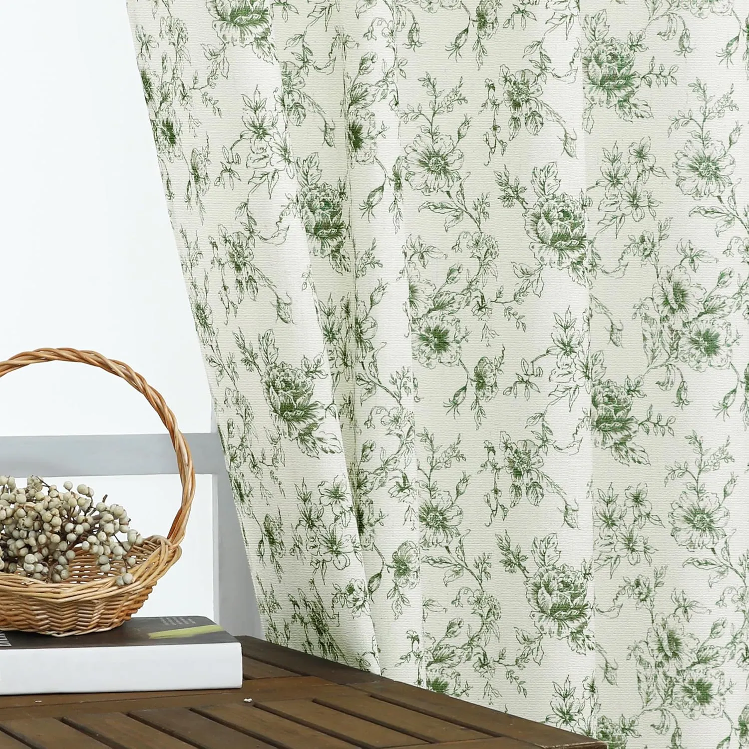Vintage Floral Retro Sheer Curtains 96 Inches Long,Dark Olive Green Linen Pleated Farmhouse Traditional Pattern Art Nouveau Block Print Curtains for Living Room Garden 2 Panel Set