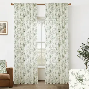 Vintage Floral Retro Sheer Curtains 96 Inches Long,Dark Olive Green Linen Pleated Farmhouse Traditional Pattern Art Nouveau Block Print Curtains for Living Room Garden 2 Panel Set
