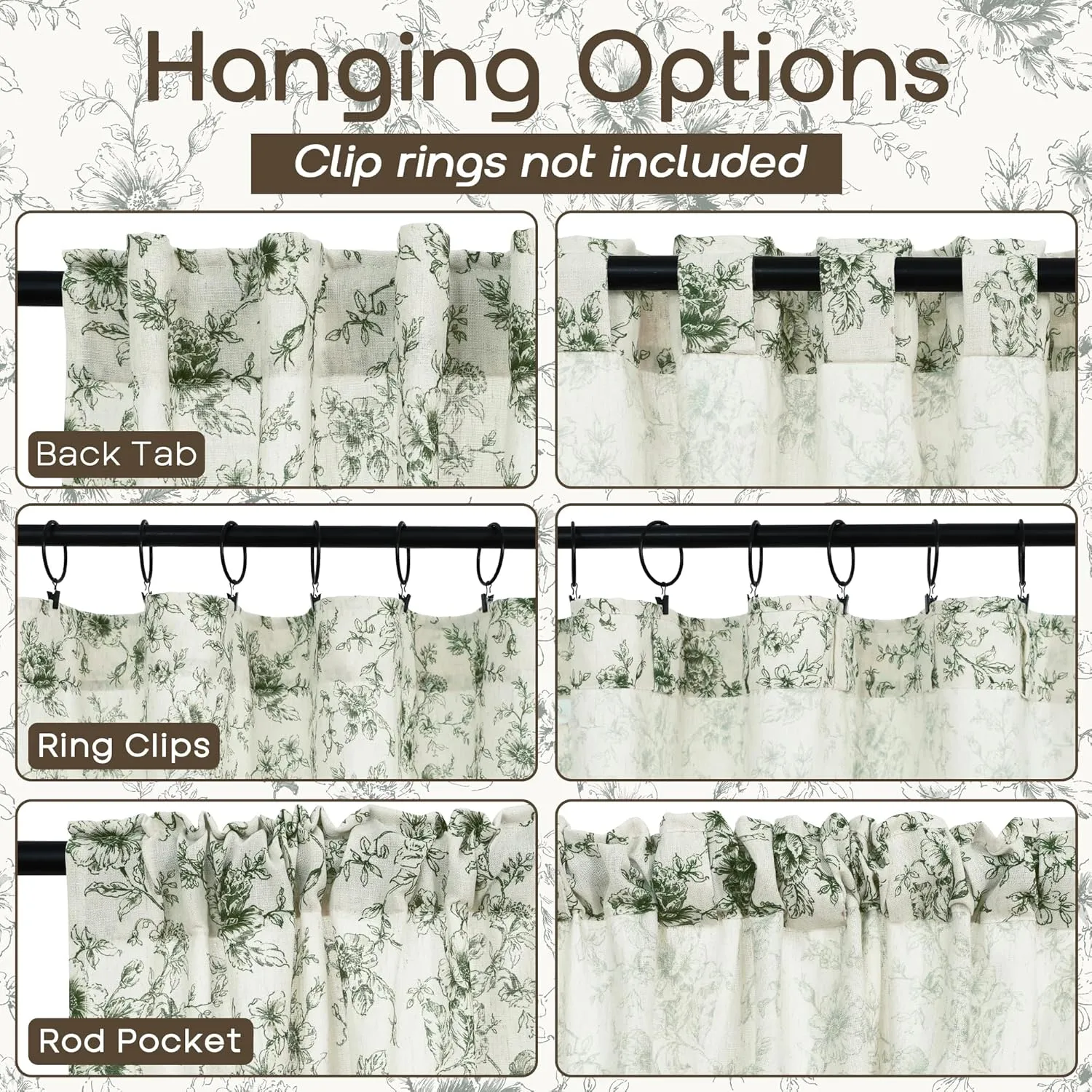 Vintage Floral Retro Sheer Curtains 96 Inches Long,Dark Olive Green Linen Pleated Farmhouse Traditional Pattern Art Nouveau Block Print Curtains for Living Room Garden 2 Panel Set