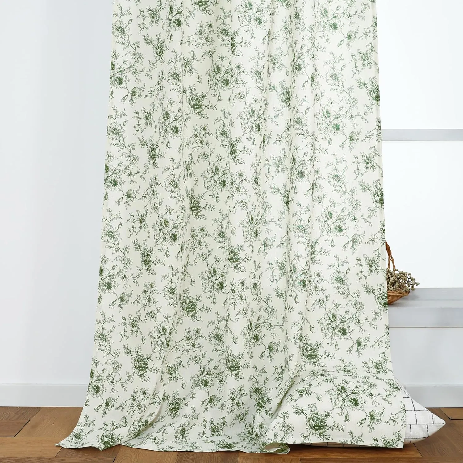 Vintage Floral Retro Sheer Curtains 96 Inches Long,Dark Olive Green Linen Pleated Farmhouse Traditional Pattern Art Nouveau Block Print Curtains for Living Room Garden 2 Panel Set