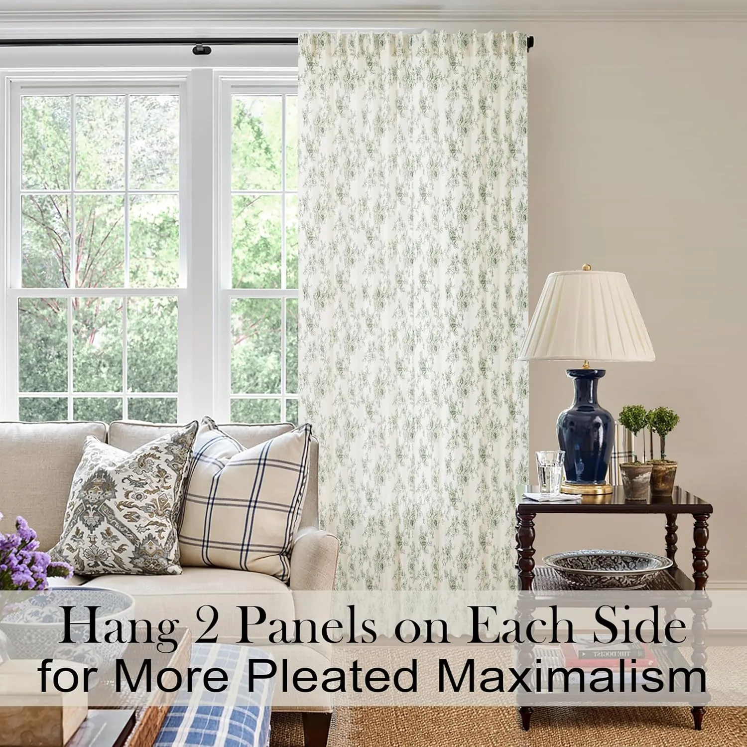 Vintage Floral Retro Sheer Curtains 96 Inches Long,Dark Olive Green Linen Pleated Farmhouse Traditional Pattern Art Nouveau Block Print Curtains for Living Room Garden 2 Panel Set
