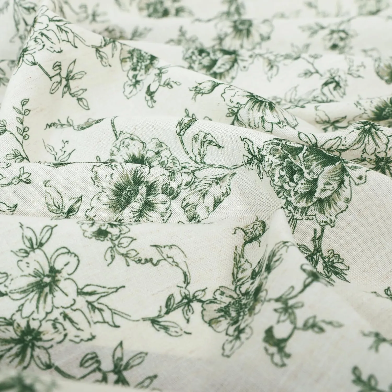 Vintage Floral Retro Sheer Curtains 96 Inches Long,Dark Olive Green Linen Pleated Farmhouse Traditional Pattern Art Nouveau Block Print Curtains for Living Room Garden 2 Panel Set