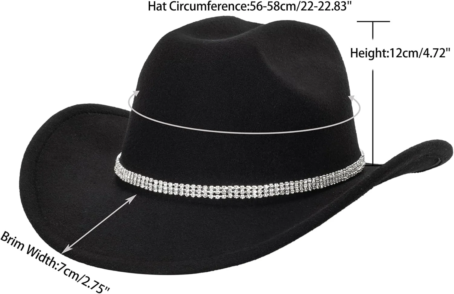 Vintage Western Cowboy Hat for Men Women - Wide Brim Cowgirl Fedora Bling Hats with Diamonds M