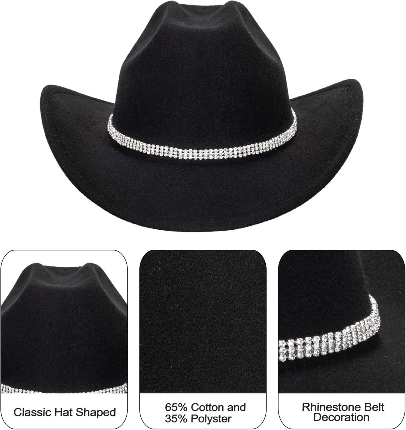 Vintage Western Cowboy Hat for Men Women - Wide Brim Cowgirl Fedora Bling Hats with Diamonds M