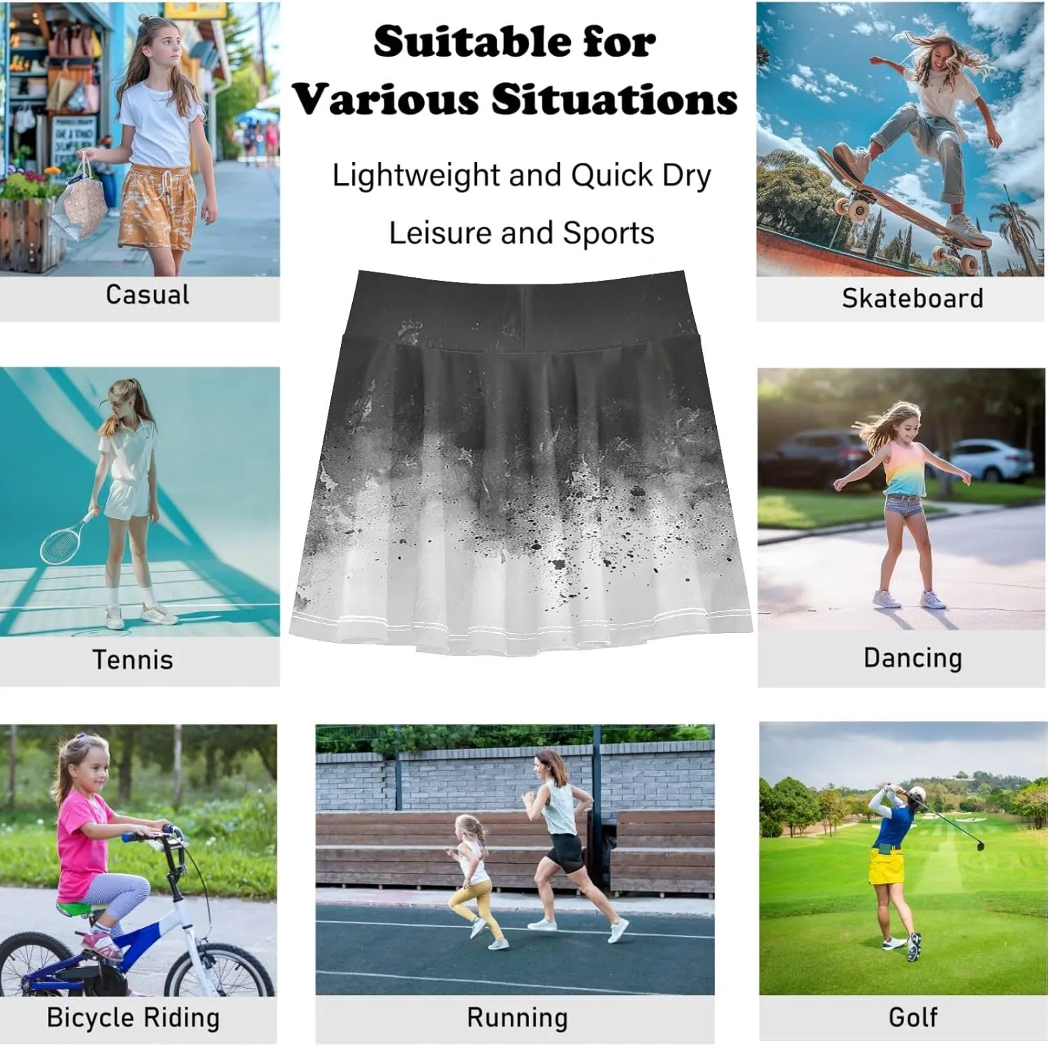 visesunny Girl's Golf Skirt Athletic Black Color Ink Gradient Tennis Skort Sport Activewear with Double Layer Pockets