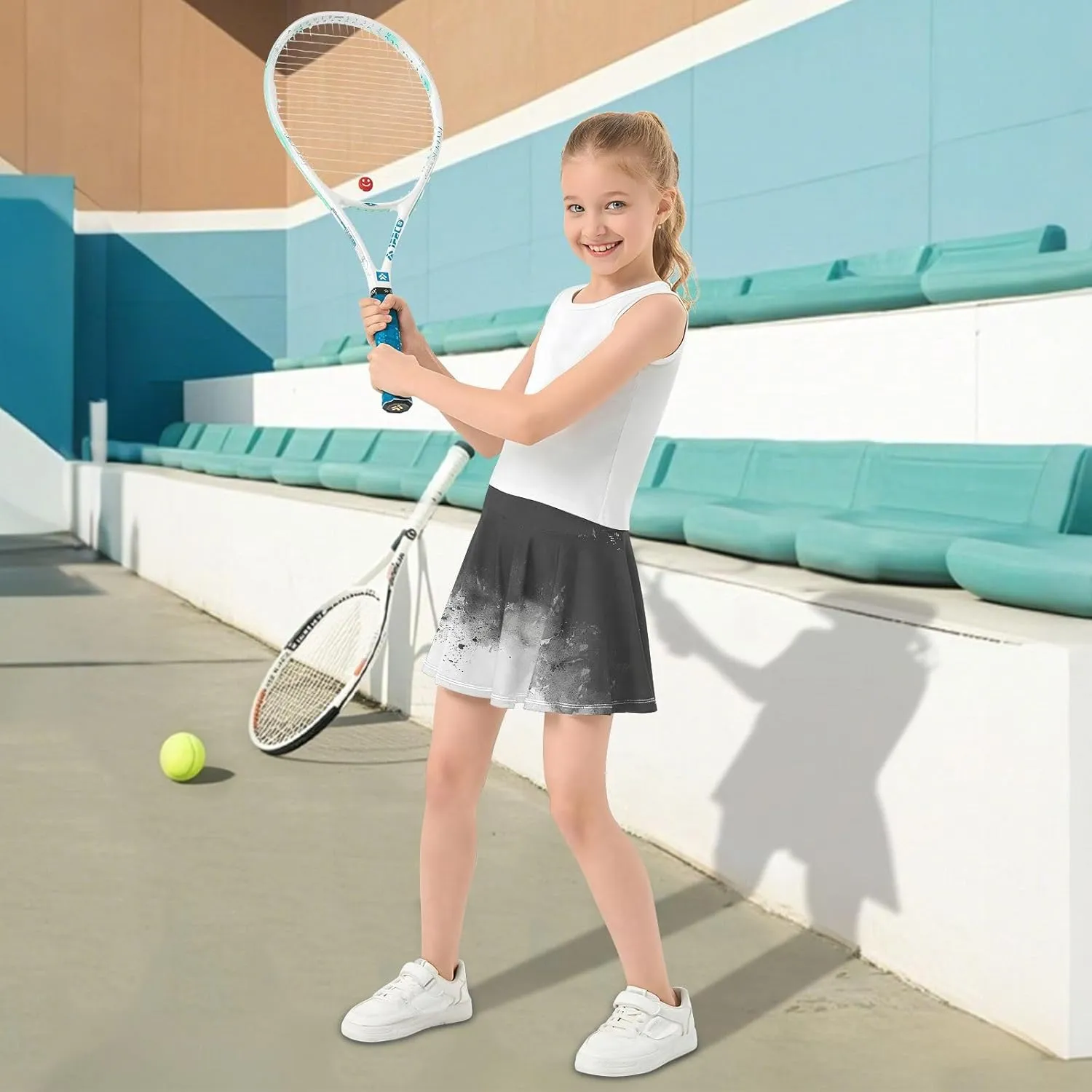 visesunny Girl's Golf Skirt Athletic Black Color Ink Gradient Tennis Skort Sport Activewear with Double Layer Pockets