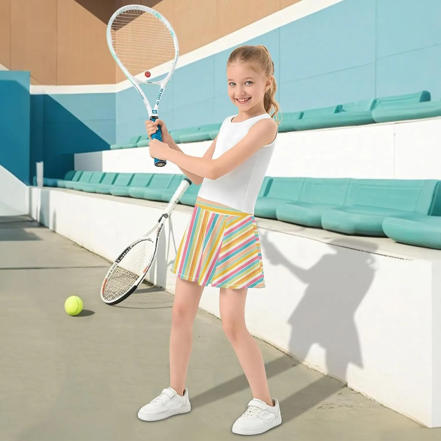 visesunny Girl's Golf Skirt Athletic Colorful Striped Handdrawn Tennis Skort Sport Activewear with Double Layer Pockets