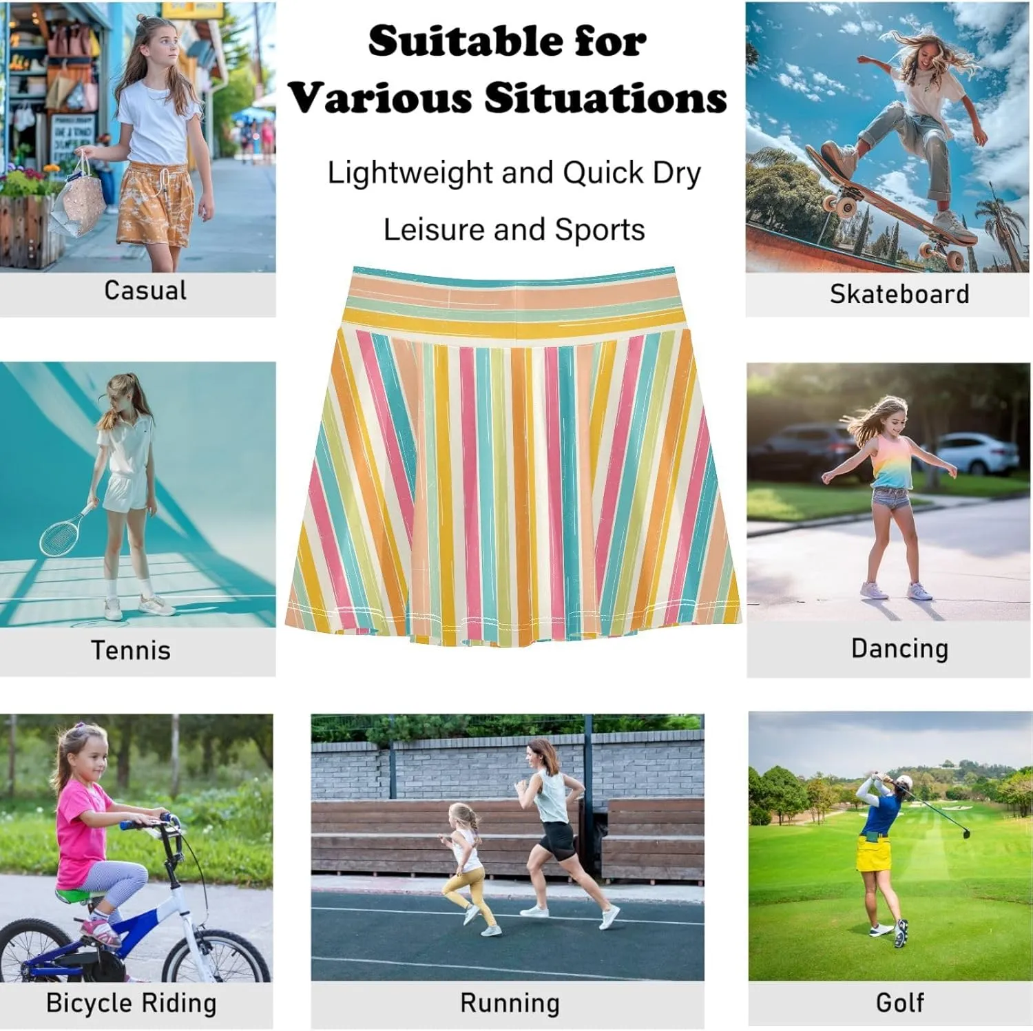 visesunny Girl's Golf Skirt Athletic Colorful Striped Handdrawn Tennis Skort Sport Activewear with Double Layer Pockets