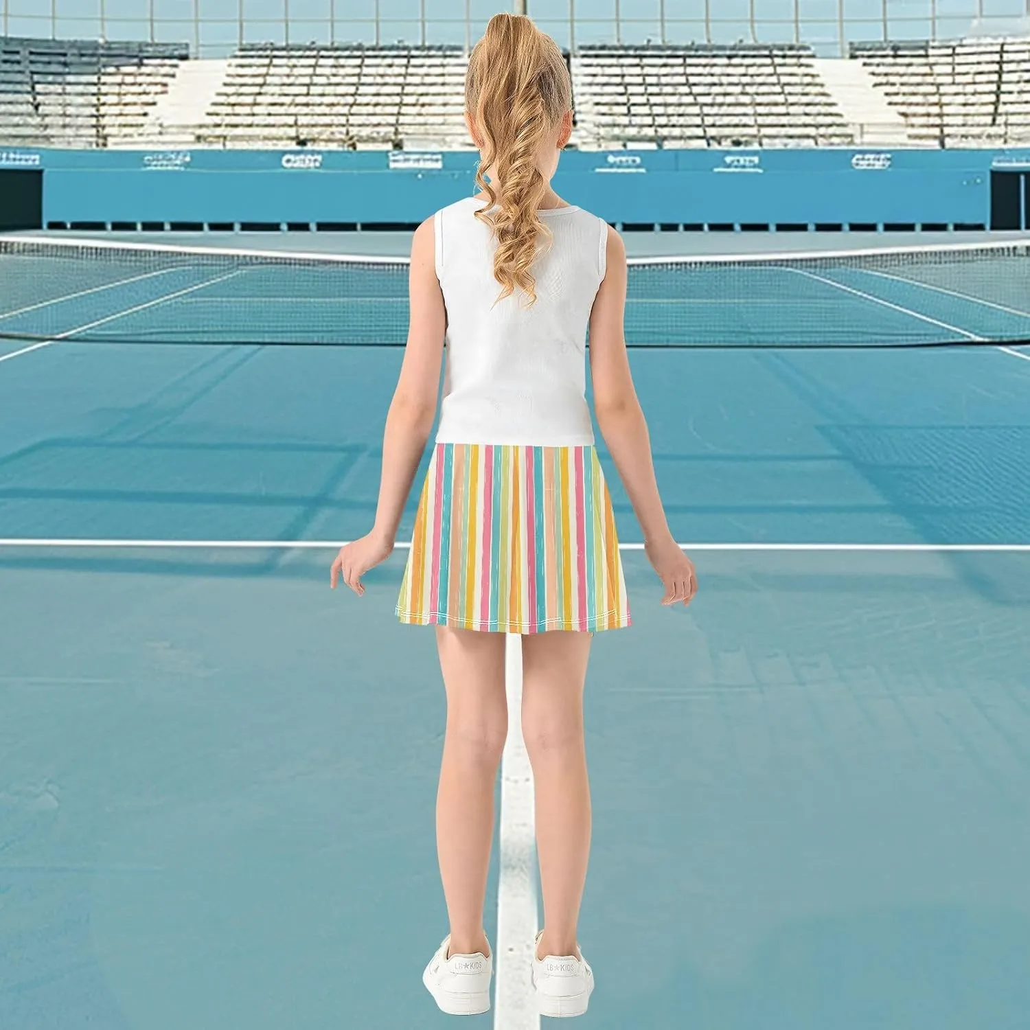visesunny Girl's Golf Skirt Athletic Colorful Striped Handdrawn Tennis Skort Sport Activewear with Double Layer Pockets