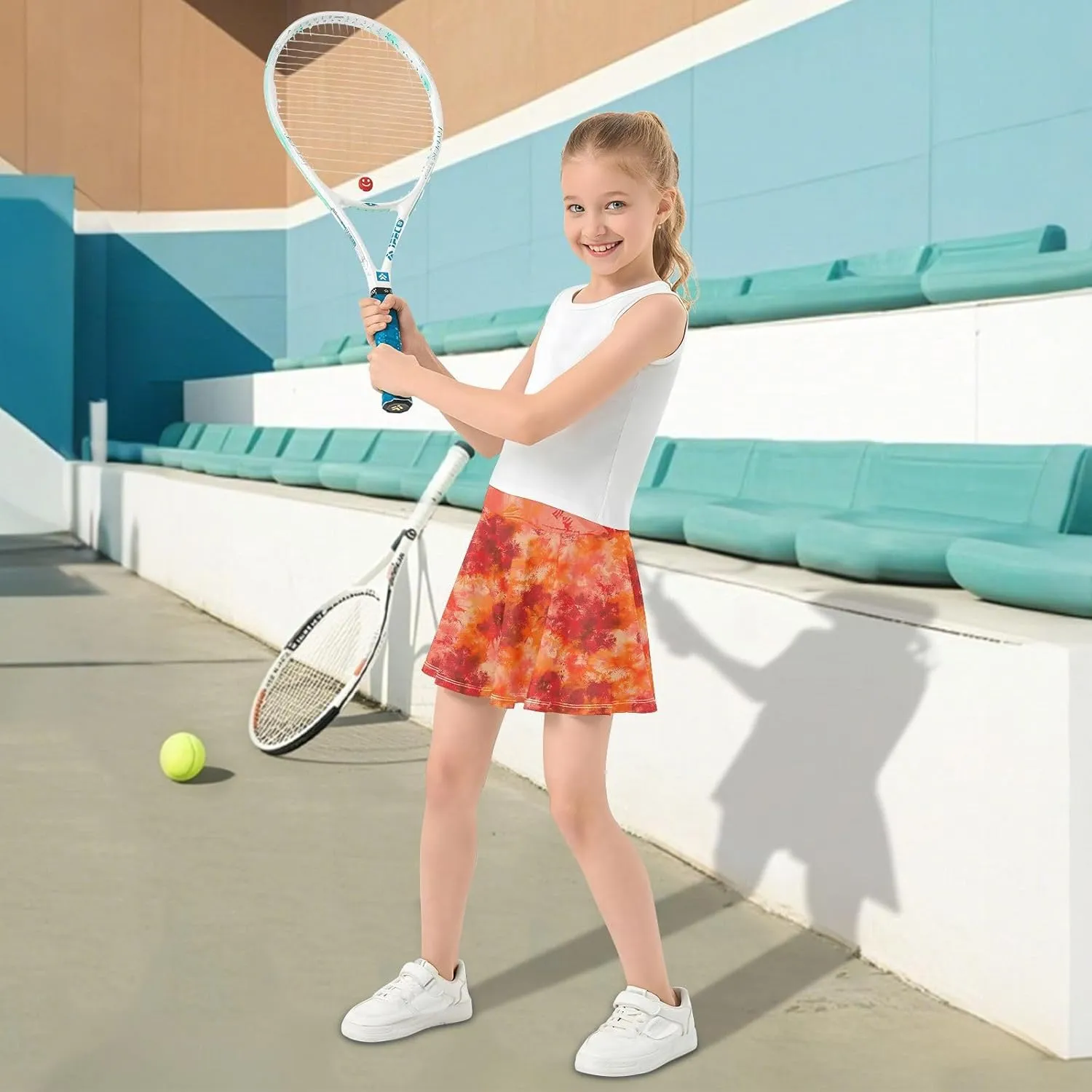 visesunny Girl's Golf Skirt Athletic Red Orange Swoosh Pattern Tennis Skort Sport Activewear with Double Layer Pockets