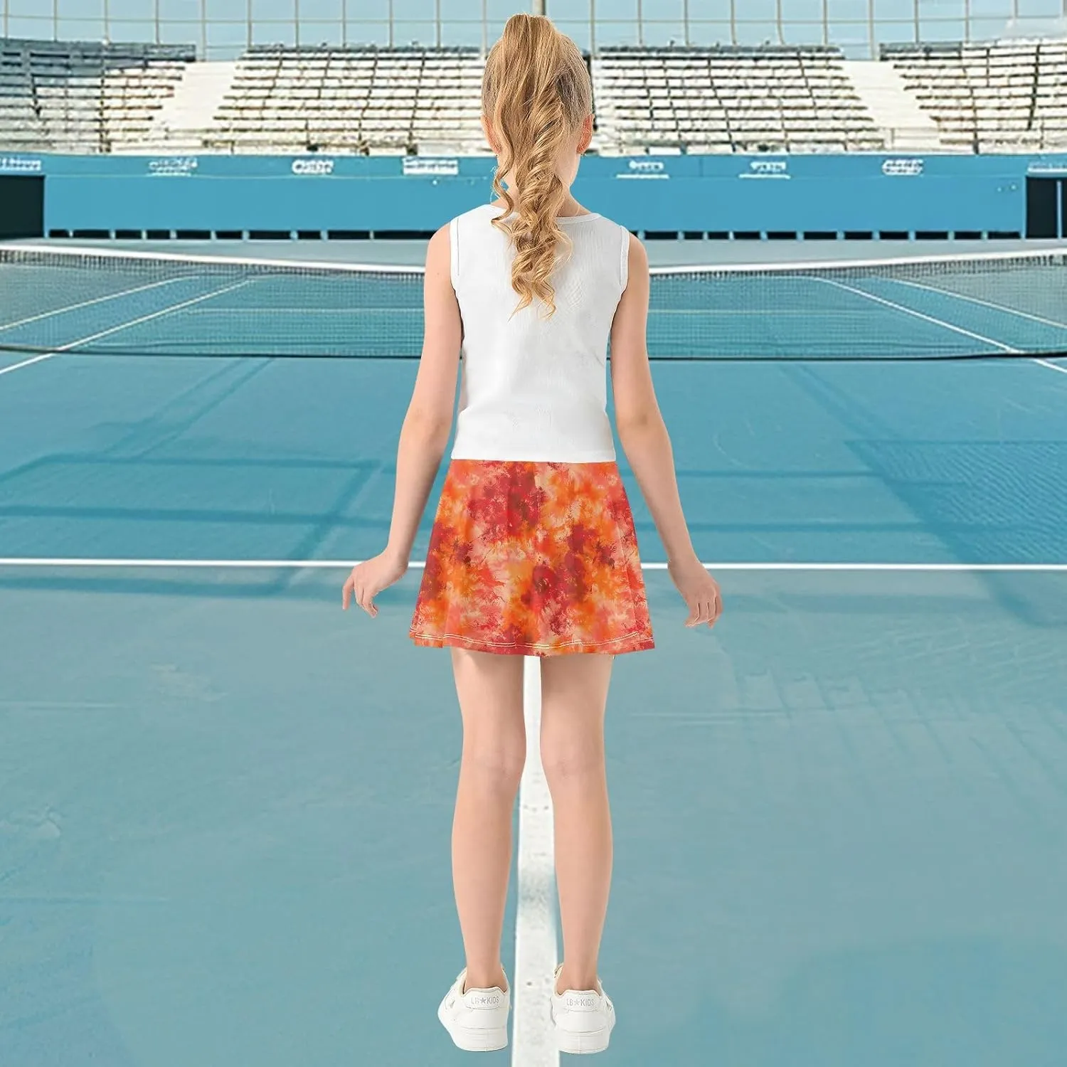 visesunny Girl's Golf Skirt Athletic Red Orange Swoosh Pattern Tennis Skort Sport Activewear with Double Layer Pockets