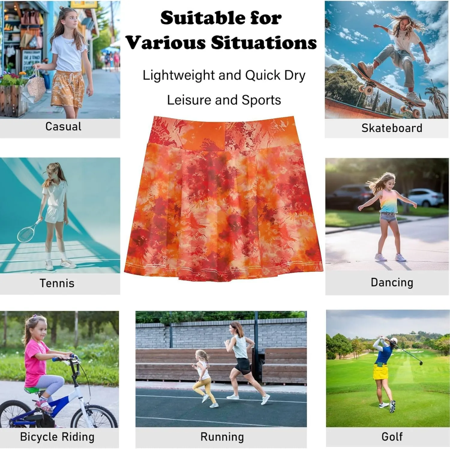 visesunny Girl's Golf Skirt Athletic Red Orange Swoosh Pattern Tennis Skort Sport Activewear with Double Layer Pockets