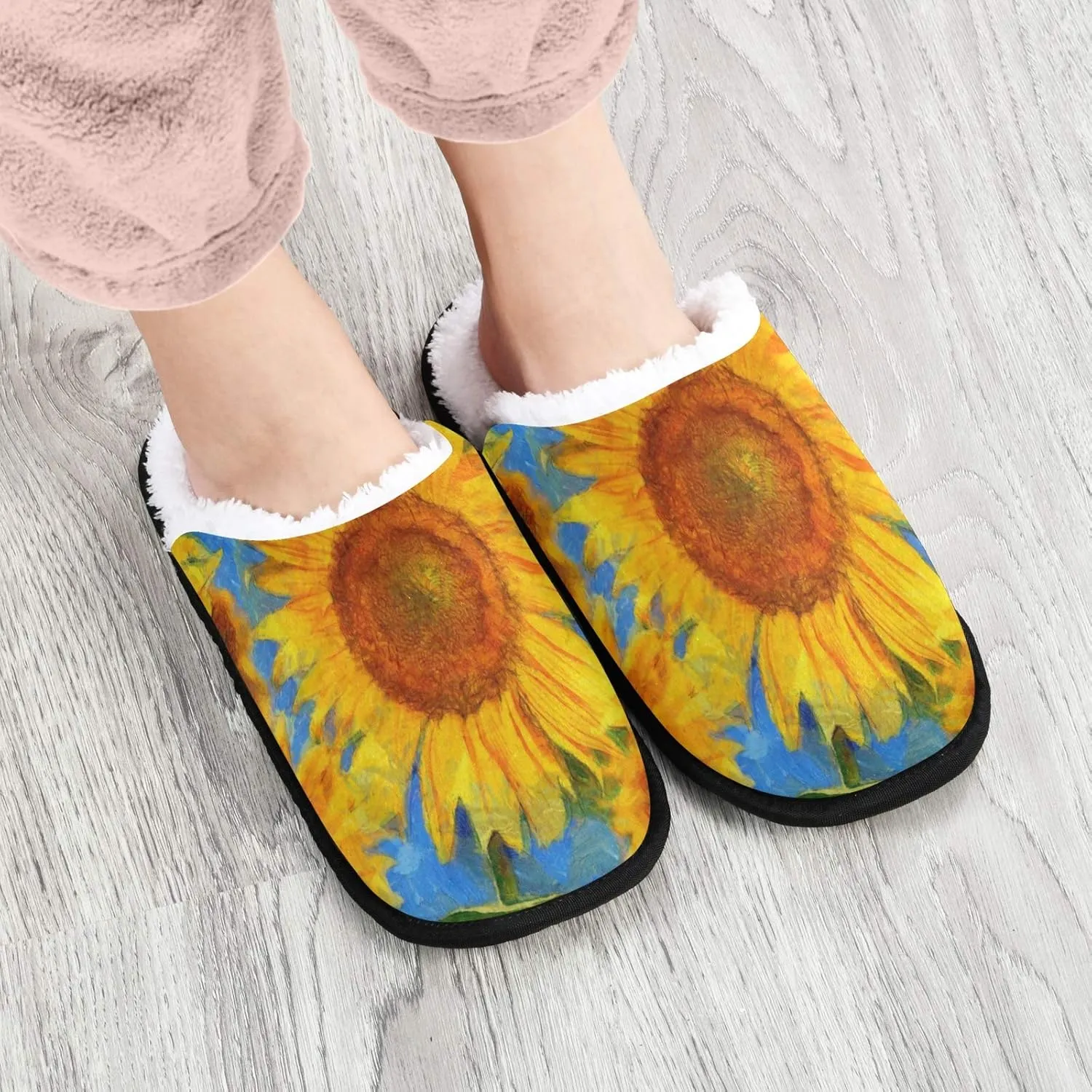 visesunny Women's Cozy Fuzzy Plush Fleece Slippers Oil Painting Sunflower Soft Memory Foam Ladies House Shoes Warm Bedroom Flat Shoe Anti-Slip Indoor Outdoor