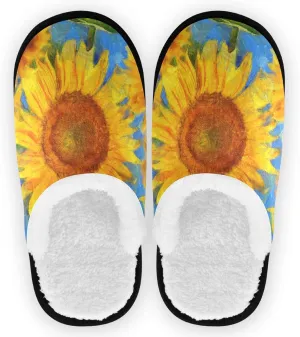 visesunny Women's Cozy Fuzzy Plush Fleece Slippers Oil Painting Sunflower Soft Memory Foam Ladies House Shoes Warm Bedroom Flat Shoe Anti-Slip Indoor Outdoor